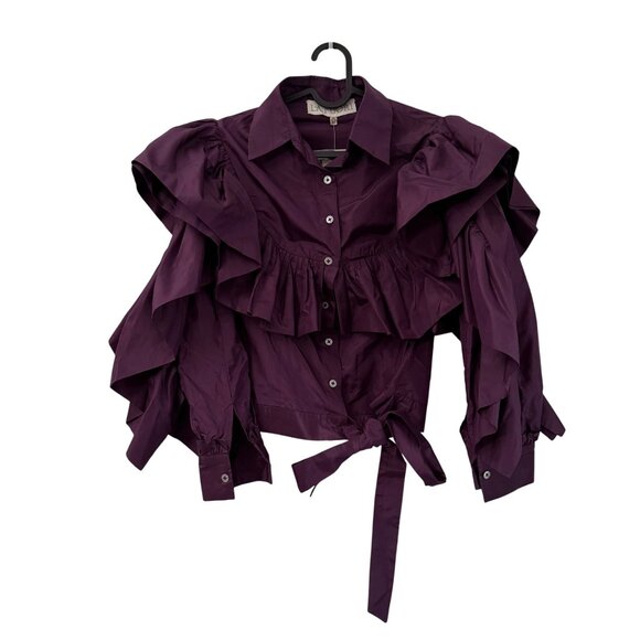 La Fuori Eggplant Silk Ruffle Puff Sleeve Waist Tie Button Blouse Small NEW - Picture 1 of 7